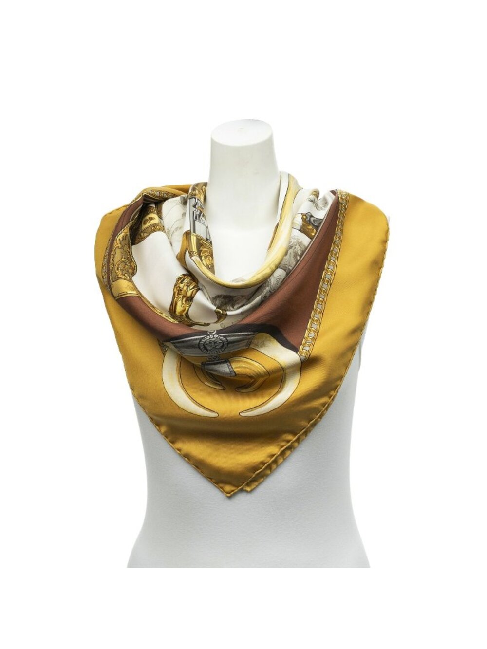 Hermes Scarf Gold Brown Ivory Twill Silk